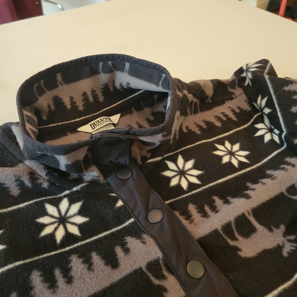 Duluth Trading Womens Fleece Medium Snap Neck Pullover Moose Fair Isle Black - Picture 7 of 15